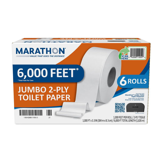 Marathon Jumbo Roll Toilet Paper - 2 Ply - 6 Rolls per Box - 6000 Feet / Box - Bellso
