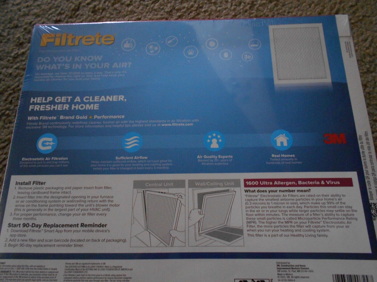 Filtrete 14x14x1 Ultra Allergen 2X Bacteria and Virus Filter, 1600 MPR (4 Pack) - Bellso