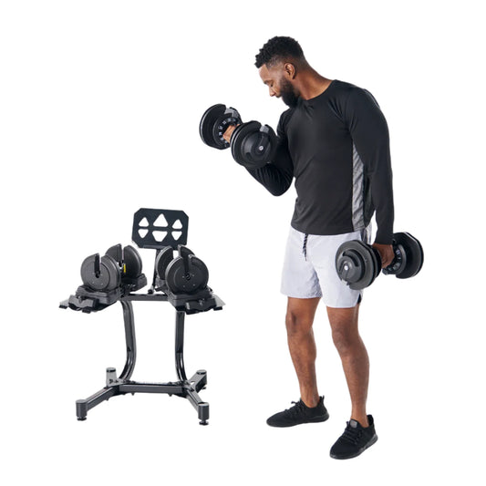 Echelon Adjustable Dumbbells 752  7–52.5 LB  with Rack & Stand  Metal Grips  Tablet Holder - Bellso
