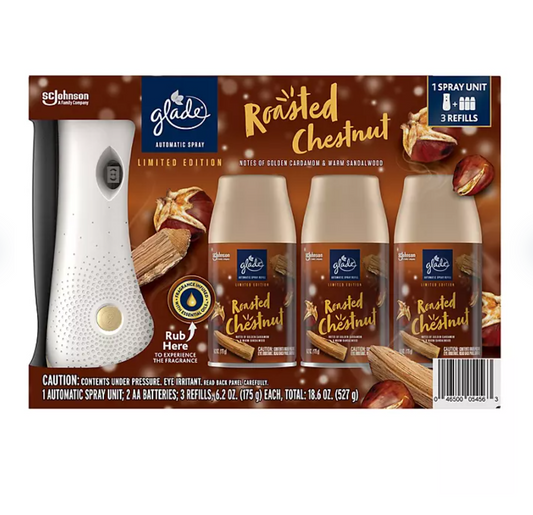 Glade Automatic Spray Air Freshener, Roasted Chestnut, 1 Holder + 3 Refills - Bellso
