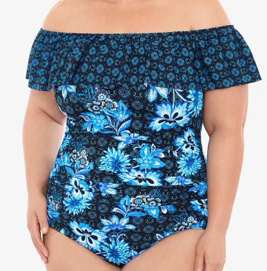 Swim Solutions Plus Size Ruffled Off-the-Shoulder Tummy-Control One-Piece Swimsuit, Created for Macy's - Hideaway Navy 22W - Bellso