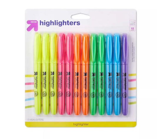 Highlighters Narrow Chisel Tip Multicolor 12ct - up&up: Fine Point School Supplies, Kids Art, Office Markers - Bellso