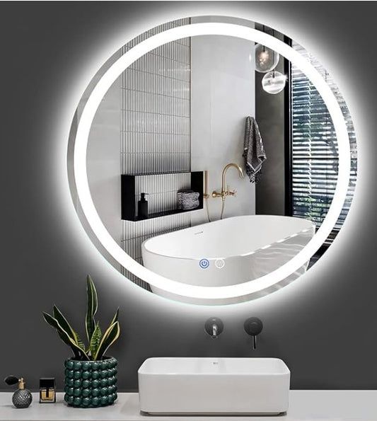 LED Round Backlit Mirror, Fashion Bathroom Decor Vanity Mirror with 3000K/4000K/6000K Adjustable, Anti-Fog, Smart Touch Button, Stepless Dimmable Lighted Makeup Mirror - Bellso