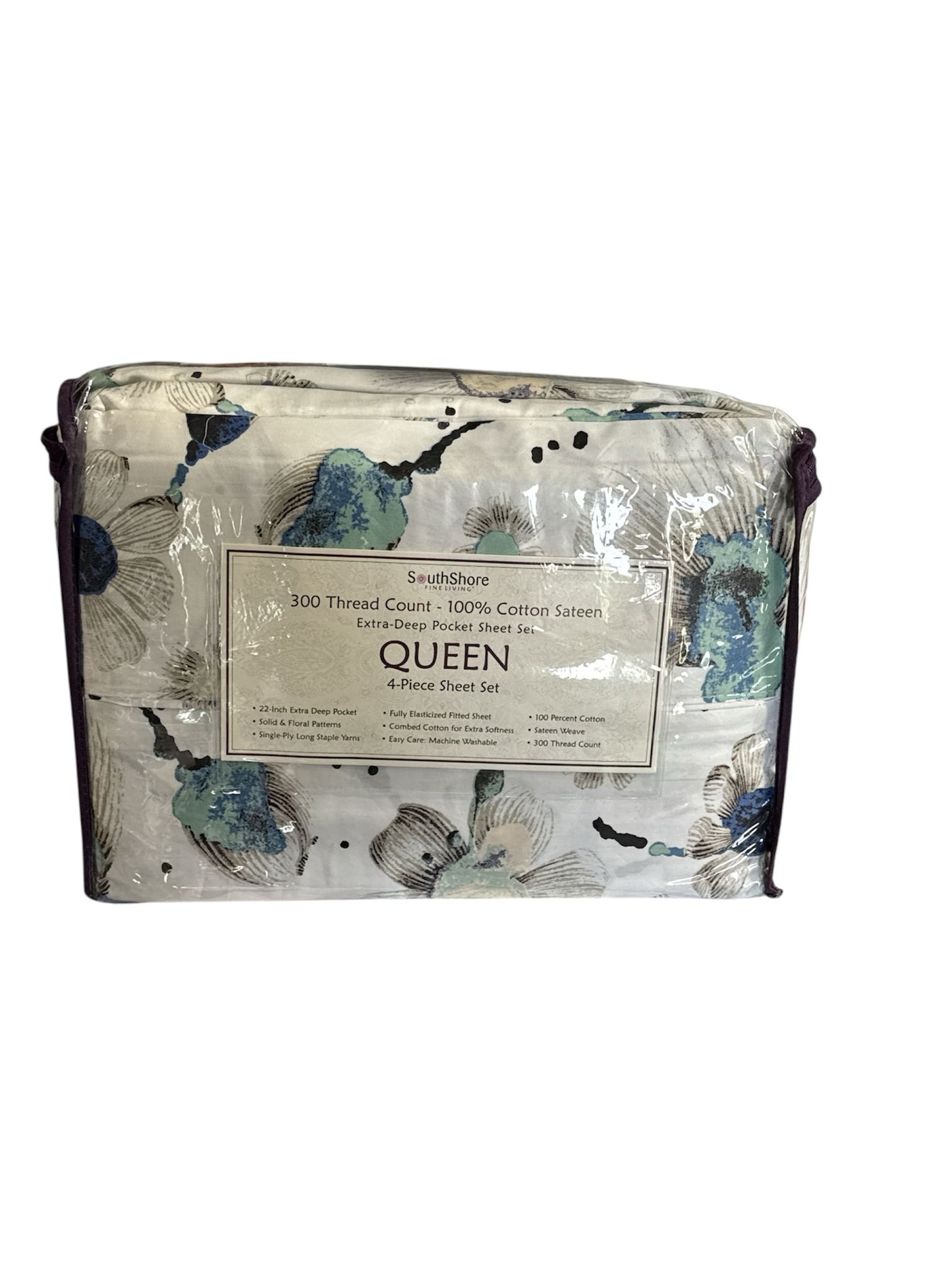 SunShore 300 Thread Count 100% Cotton Sateen Queen 4 Piece Sheet Set