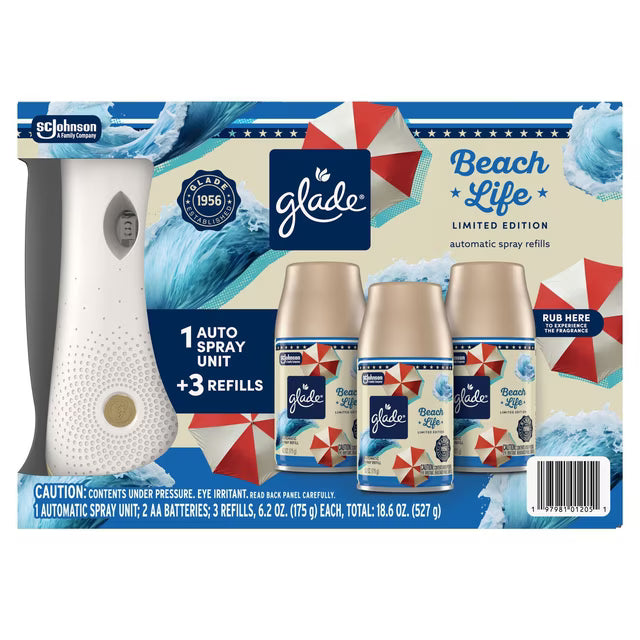 Glade Automatic Spray Air Freshener Americana Collection, Beach Life, 1 Holder + 3 Refills