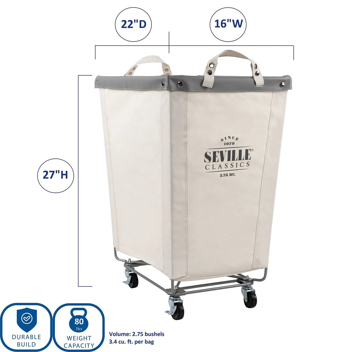 Seville Classics Commercial Heavy-Duty Canvas Laundry Hamper with Wheels - Bellso