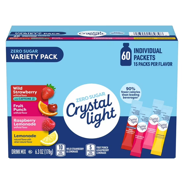 Crystal Light on-the-Go Sugar-Free Drink Mix Variety Pack, 6.3 Oz, Pack of 60 Packets