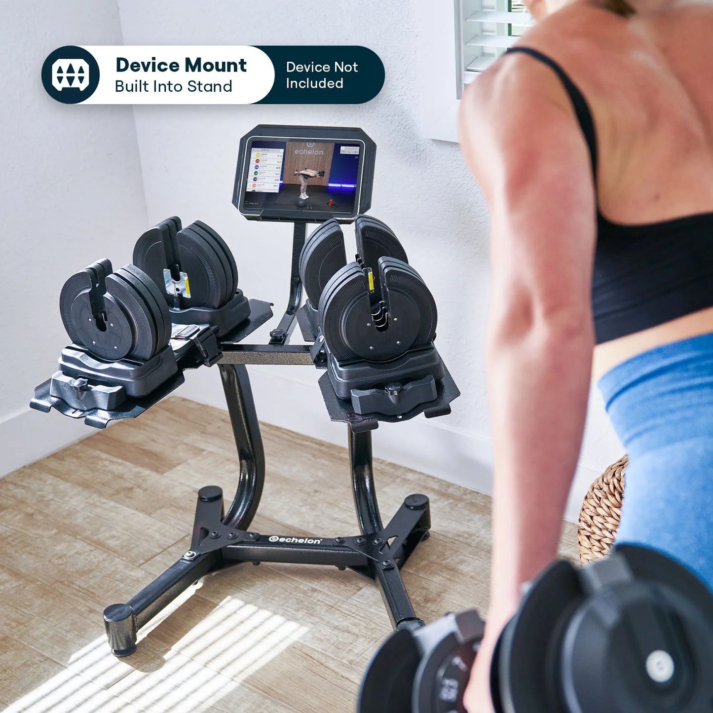 Echelon Adjustable Dumbbells 752 7–52.5 LB with Rack & Stand Metal Grips Tablet Holder - Bellso