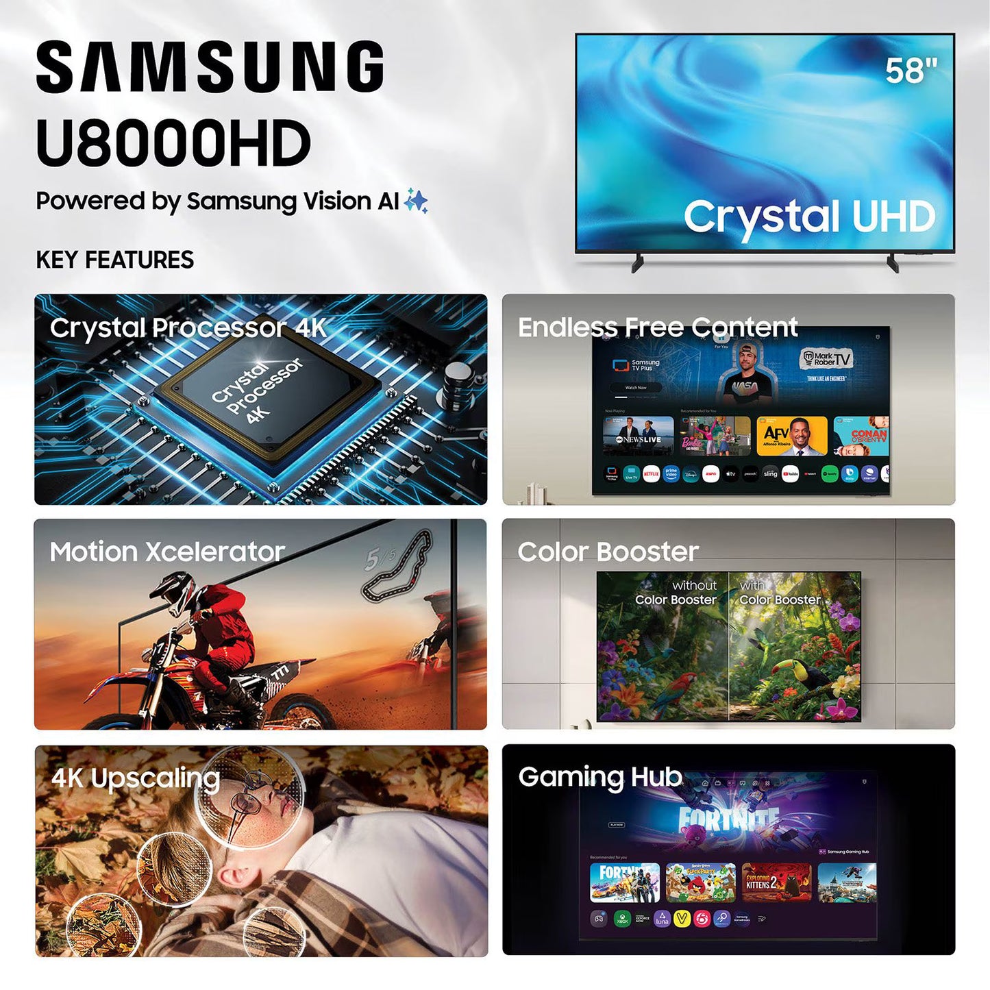 SAMSUNG 58” Class U8000H Series Crystal UHD 4K Vision AI Companion Smart Tizen TV