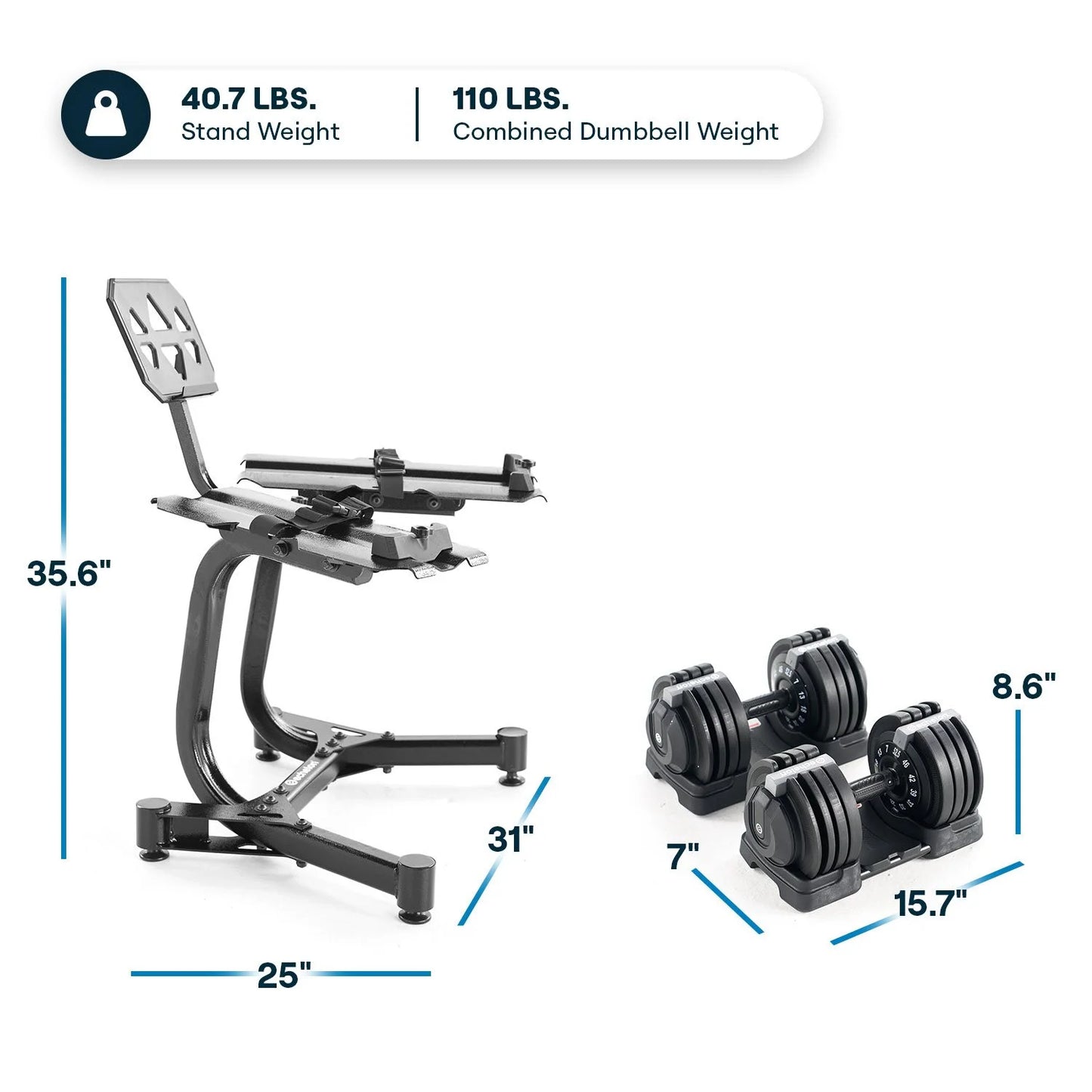 Echelon Adjustable Dumbbells 752 7–52.5 LB with Rack & Stand Metal Grips Tablet Holder - Bellso