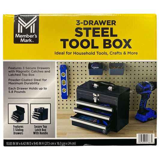 Member's Mark 3 Drawer Powder Coated Steel Tool Box, Black - Bellso