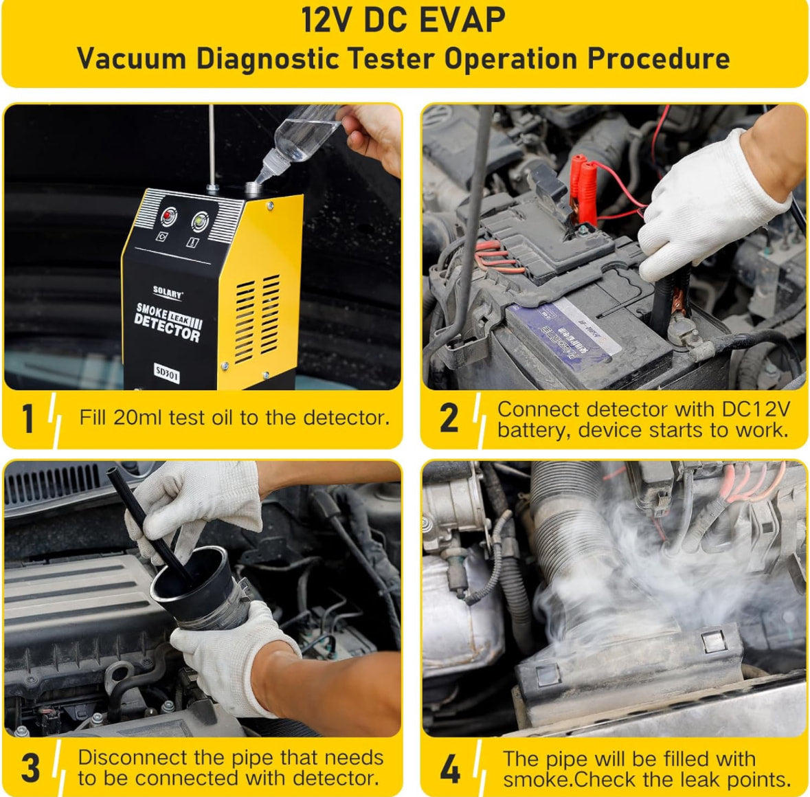 Solary Automotive Smoke Machine Leak Detector - 12V DC EVAP Vacuum Diagnostic Tester for Pipe System - Bellso