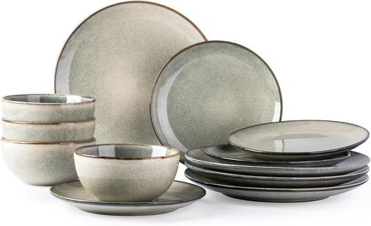 AmorArc Ceramic Dinnerware Sets for 4, 12 Pieces Handpainted Stoneware Plates and Bowls Set - Bellso