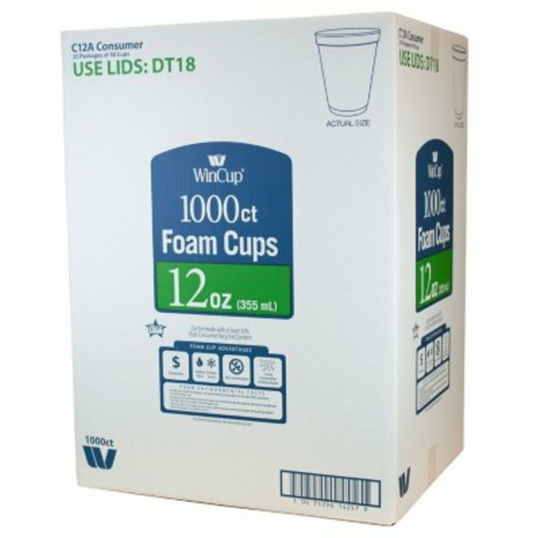 WinCup Foam Drink Cups White 12 Ounce (1000 Count) - Bellso