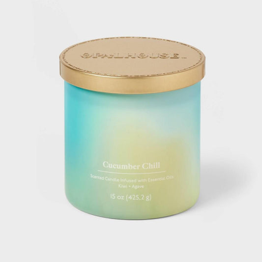 2-Wick 15oz Glass Jar Candle with Tie Dye Sleeve Cucumber Chill - OpalhousetM: Soy & Paraffin Wax, Aloe Scent, 50hr Burn Time - Bellso