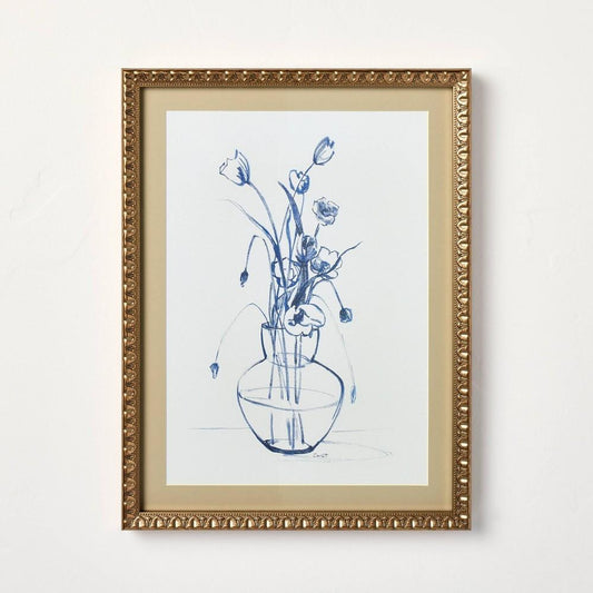 12"x16" Blue Floral Art Sketch Framed Wall Art - Bellso