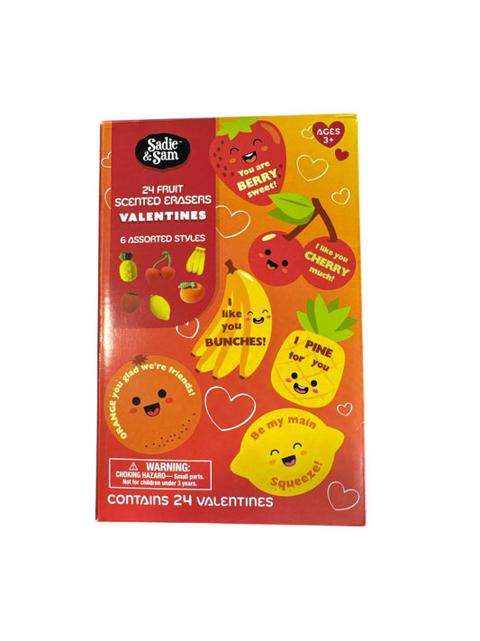 Sadie & Sam 16ct Fruit Fun Valentine's Day Classroom Exchange Cards with Mini Fruit Scented Erasers - Bellso