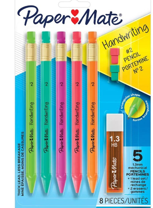 Paper Mate Handwriting 5pk #2 Mechanical Pencils with Eraser and Refill 1.3mm Assorted Colors: School Supplies for Kids-3.49 - Bellso
