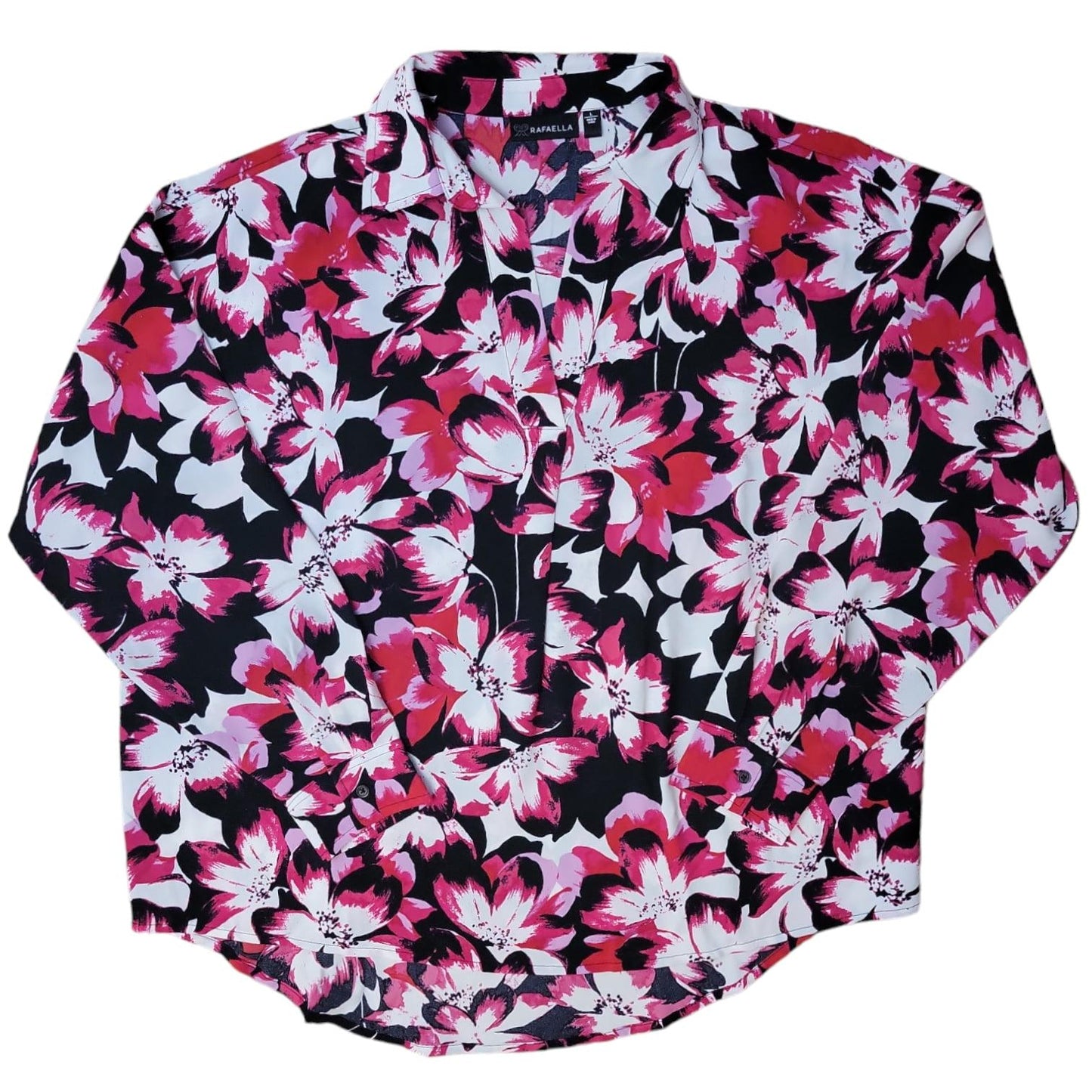 Rafaella Ladies Relaxed Fit Soft Textured High-Low Hem Cuffed Sleeve Woven Top (Cabaret M) - Bellso