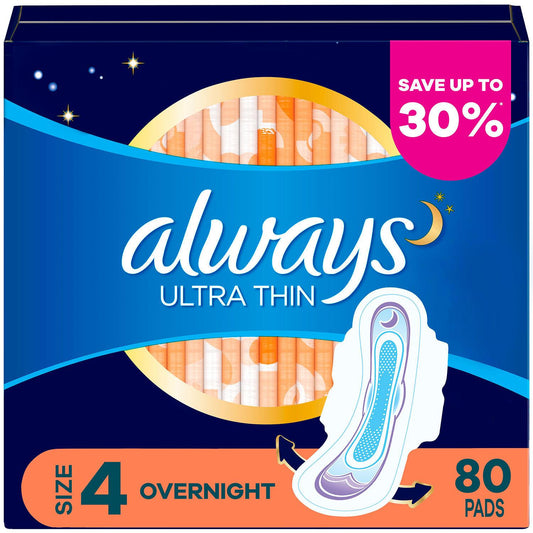 Always Always Ultra Thin Size 4 Overnight Pads with Wings Unscented 80 Ct - Bellso