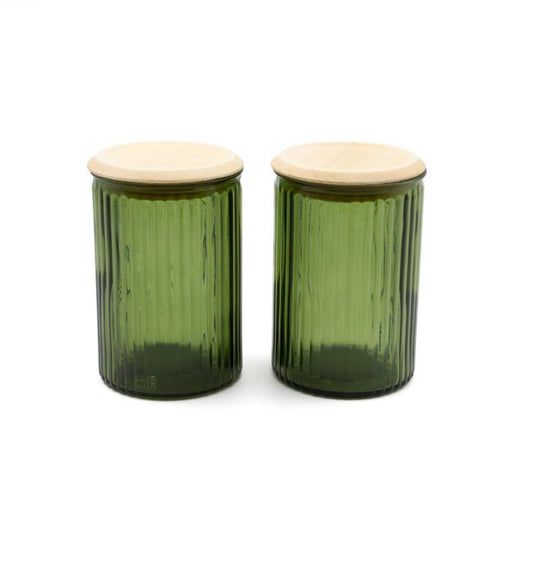 Set of 2Green Glass Jars with Wooden Lids Food Safe Storage Containers - Bellso