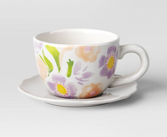 Easter Stoneware Peek-a-Boo Bunny with Floral Tea Cup and Saucer Plate - Bellso