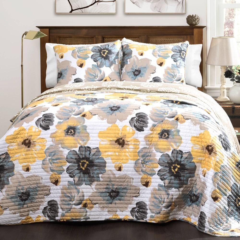 Lush Decor Leah Floral Print Soft Microfiber Reversible Quilt Gray Piece Set - Bellso