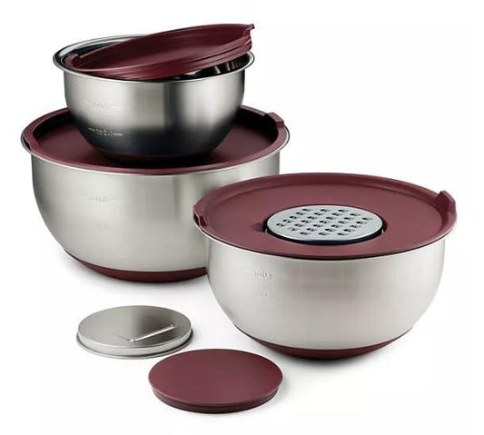 Tramontina 8 Piece Stainless Steel Mixing Bowl and Grater Set with Lids (Cranberry) - Bellso