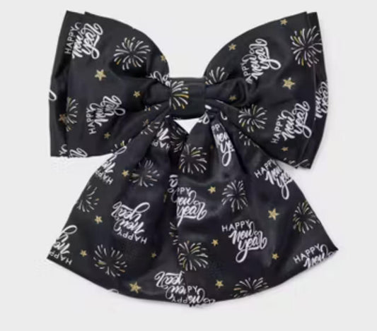 New Year's Holiday Print Fabric Bow Hair Clip - Black/Silver - Bellso
