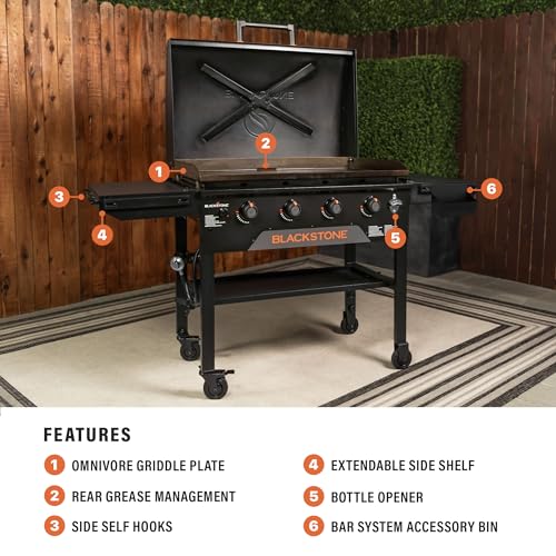 Blackstone 4 Burner 36" Original Omnivore Griddle with Hood Gas Grill #2322 Black: Propane Powered, Cast Iron Cooking Surface - Bellso