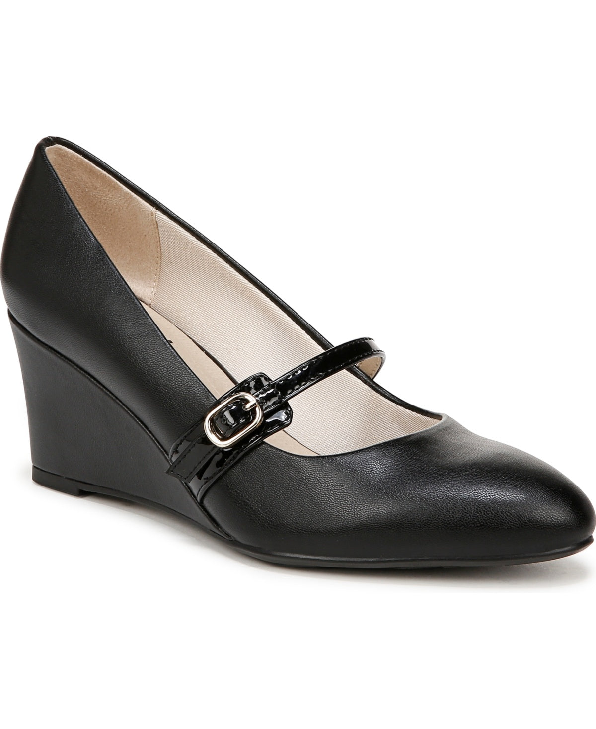 LifeStride Women's Gio Mary Jane 2 Wedge Pumps - Black Faux Leather Size 8 - Bellso