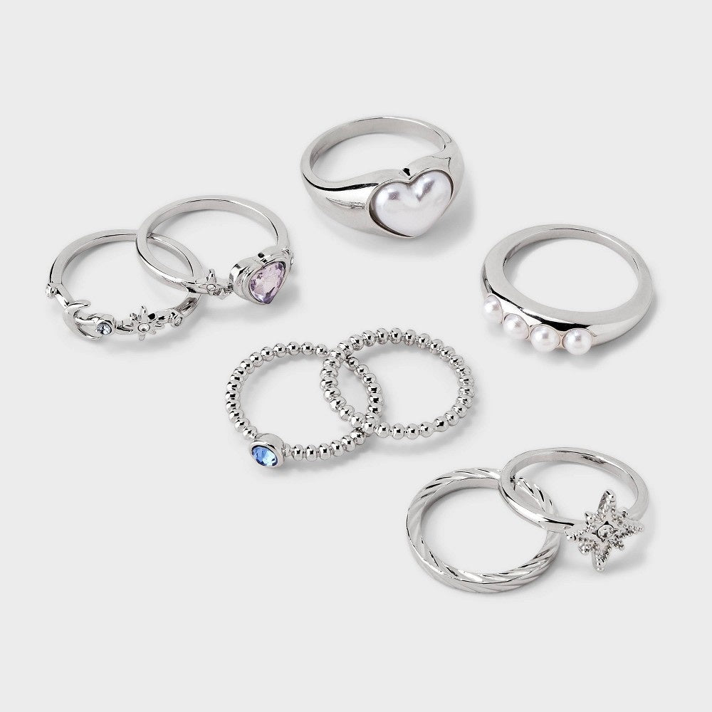 Pearl Heart and Star Ring Set 8pc - Wild Fable™ Silver - Bellso