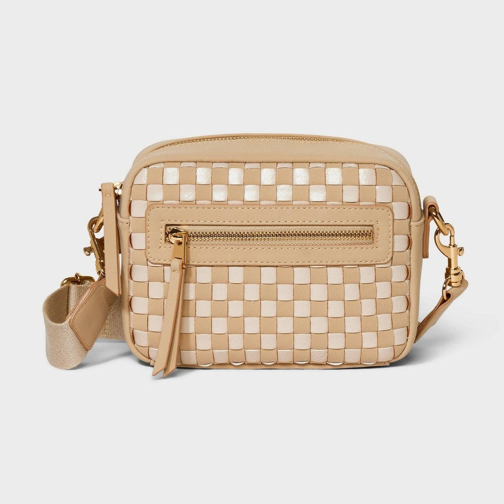 Camera Crossbody Bag - Universal Thread™ Brown/White: Basket Weave Pattern, Adjustable Strap, Structured Design