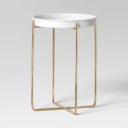 Indoor Outdoor Iron Planter Stand Round Tray Top End Table  White/Gold - Bellso