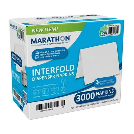 Marathon Interfold 1-Ply Napkins  White  3000 per Case (250 Napkins/Pk  12 Pack) - Bellso