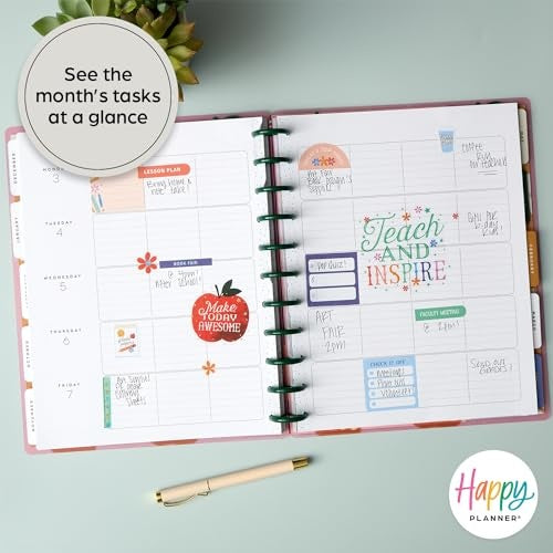 Happy Planner Disc-Bound 12-Month Academic Planner, July 2024–June 2025 Daily and Monthly Planner, Big Size, Teacher Layout, Sunday Sketches, 72 Pag - Bellso