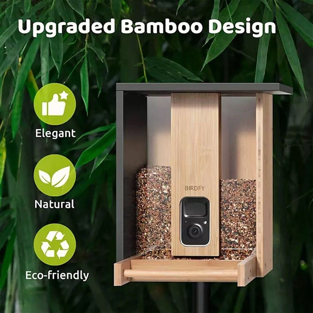 Birdfy Natural  Bamboo Bird Feeder with Camera & Solar Power Panel - Bellso