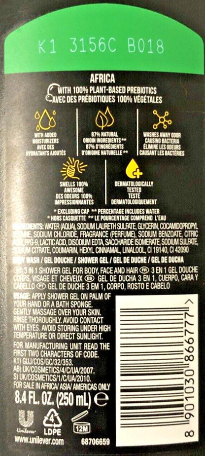 Axe Africa Sandalwood Mandarin Scent 3 in 1 Body Face Hair Wash 8.4 Oz - Bellso