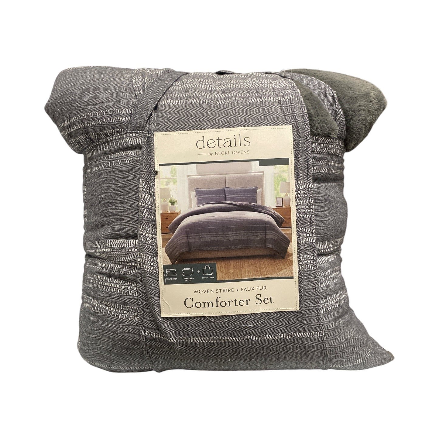 Details by Becki Owens Woven Stripe Comforter Set with Faux Rabbit Fur Full/Queen
