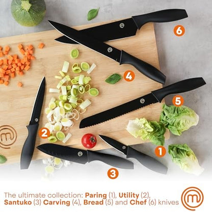 MasterChef 7pc Block Kitchen Knife Set with Nonstick Coated and Holder Essential Black Collection: Stainless Steel Blades, Rubber Handles - Bellso