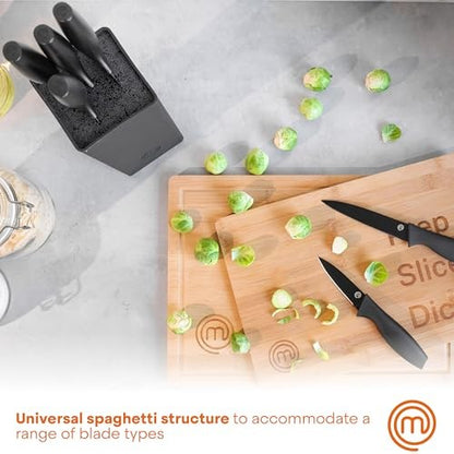 MasterChef 7pc Block Kitchen Knife Set with Nonstick Coated and Holder Essential Black Collection: Stainless Steel Blades, Rubber Handles - Bellso