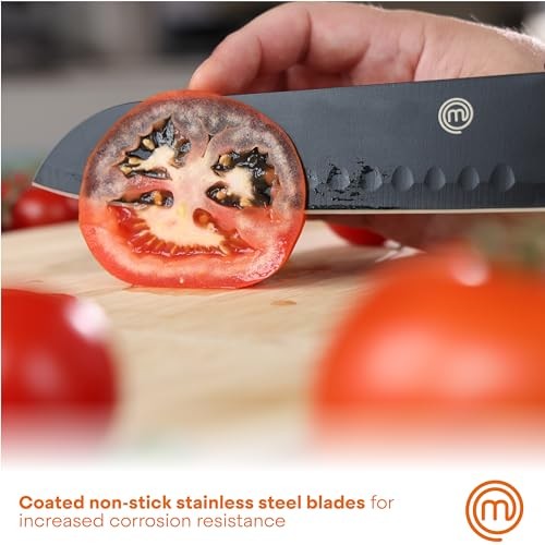 MasterChef 7pc Block Kitchen Knife Set with Nonstick Coated and Holder Essential Black Collection: Stainless Steel Blades, Rubber Handles - Bellso