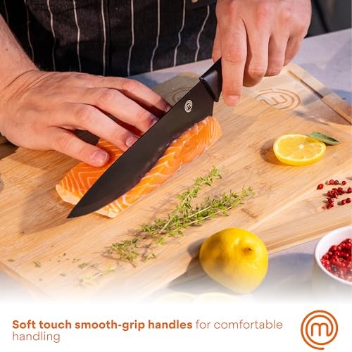 MasterChef 7pc Block Kitchen Knife Set with Nonstick Coated and Holder Essential Black Collection: Stainless Steel Blades, Rubber Handles - Bellso