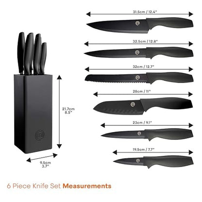MasterChef 7pc Block Kitchen Knife Set with Nonstick Coated and Holder Essential Black Collection: Stainless Steel Blades, Rubber Handles - Bellso