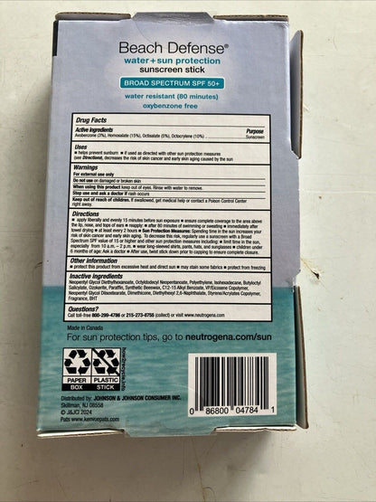 Neutrogena Beach Defense Sunscreen Stick 1.5 Oz. SPF50 LOT of 2 EXP:06/27 - Bellso
