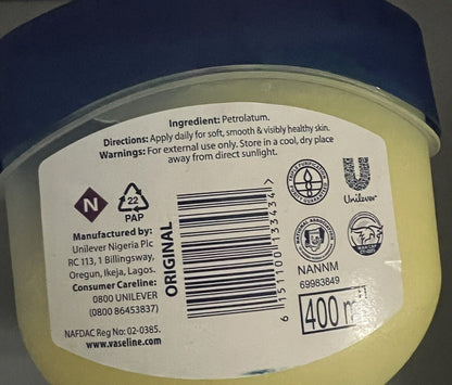 Vaseline Original Blueseal 100% Pure Petroleum Jelly, 400 Ml - Bellso