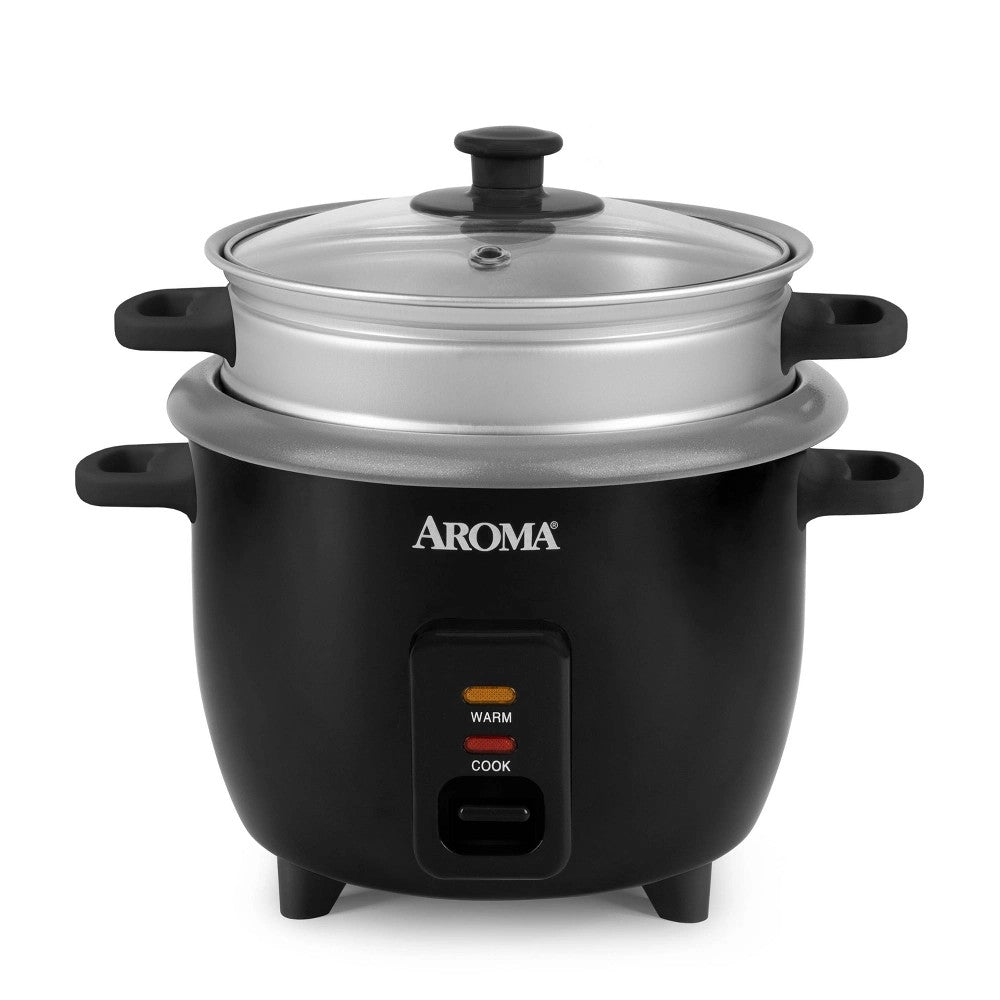 Aroma 6 Cup Rice Cooker with Outer Steam Tray Black: 2 Quart, One-Touch, Nonstick, Includes Accessories - Bellso