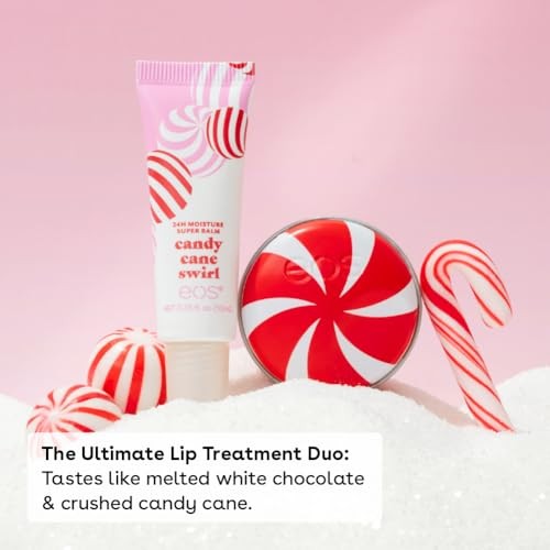 Eos Holiday Lip Treatment Gift Set- Candy Cane Swirl Lip Scrub & 24H Moisture Super Balm, Limited-Edition Lip Care, Stocking Stuffers, 2-Pack - Bellso