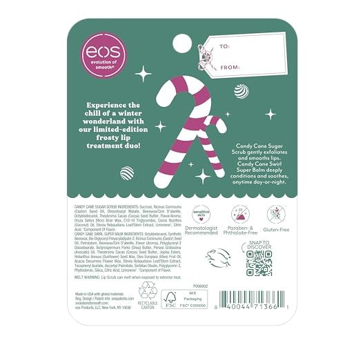 Eos Holiday Lip Treatment Gift Set- Candy Cane Swirl Lip Scrub & 24H Moisture Super Balm, Limited-Edition Lip Care, Stocking Stuffers, 2-Pack - Bellso
