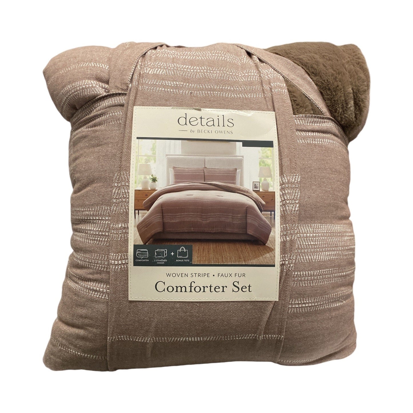 Details by Becki Owens Woven Stripe Comforter Set with Faux Rabbit Fur Full/Queem